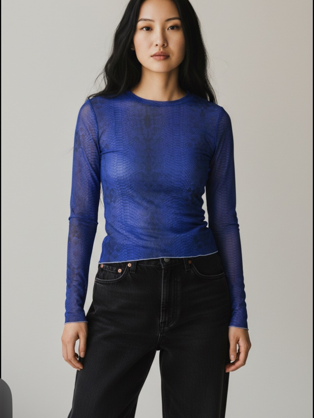 Akira Sheer Long-Sleeve Mesh Top in Royal Blue